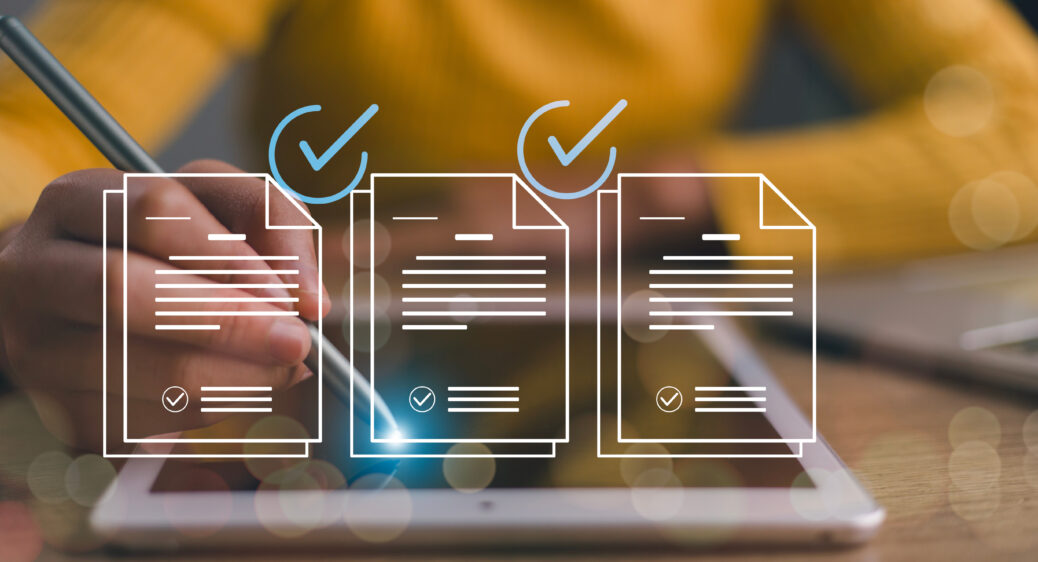 Closeup image of a person holding a stylus on a tablet with 3 graphics representing documents overlayed on top of the image